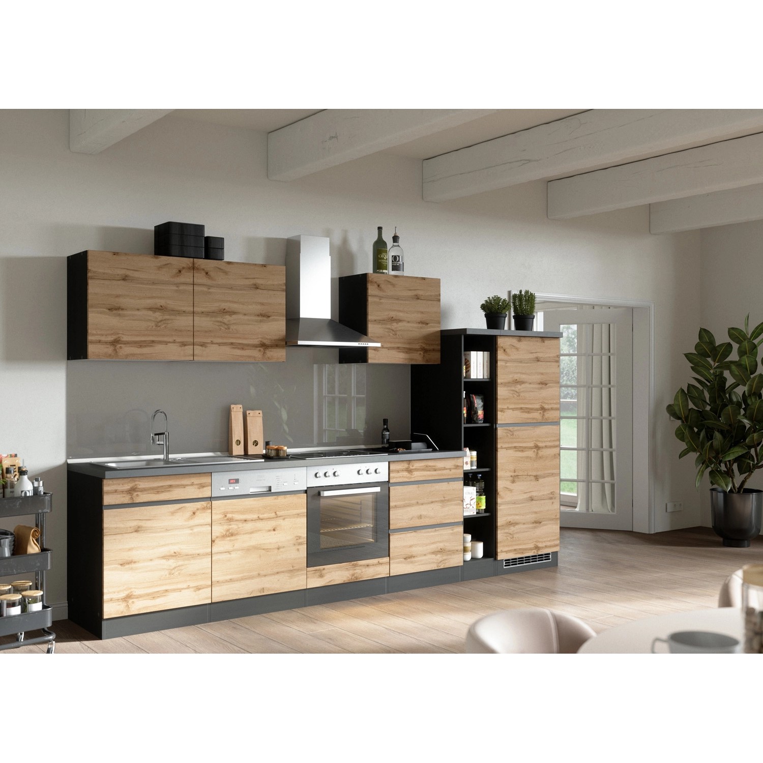 Held Möbel Küchenzeile/Küchenblock Turin 330 cm Wotaneiche-Graphit mit E-Geräten