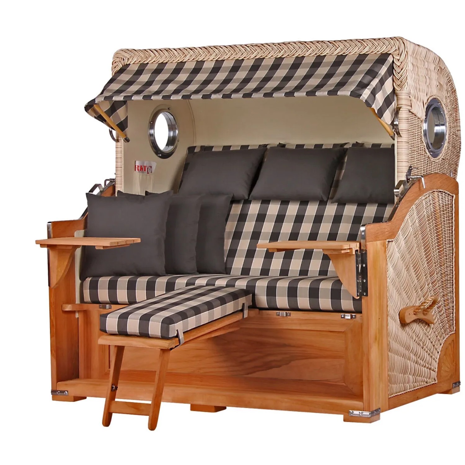 3-Sitzer Strandkorb Königssee aus Teak mit Bullauge, Liftersystem, Schutzhülle und Doppelrollen.