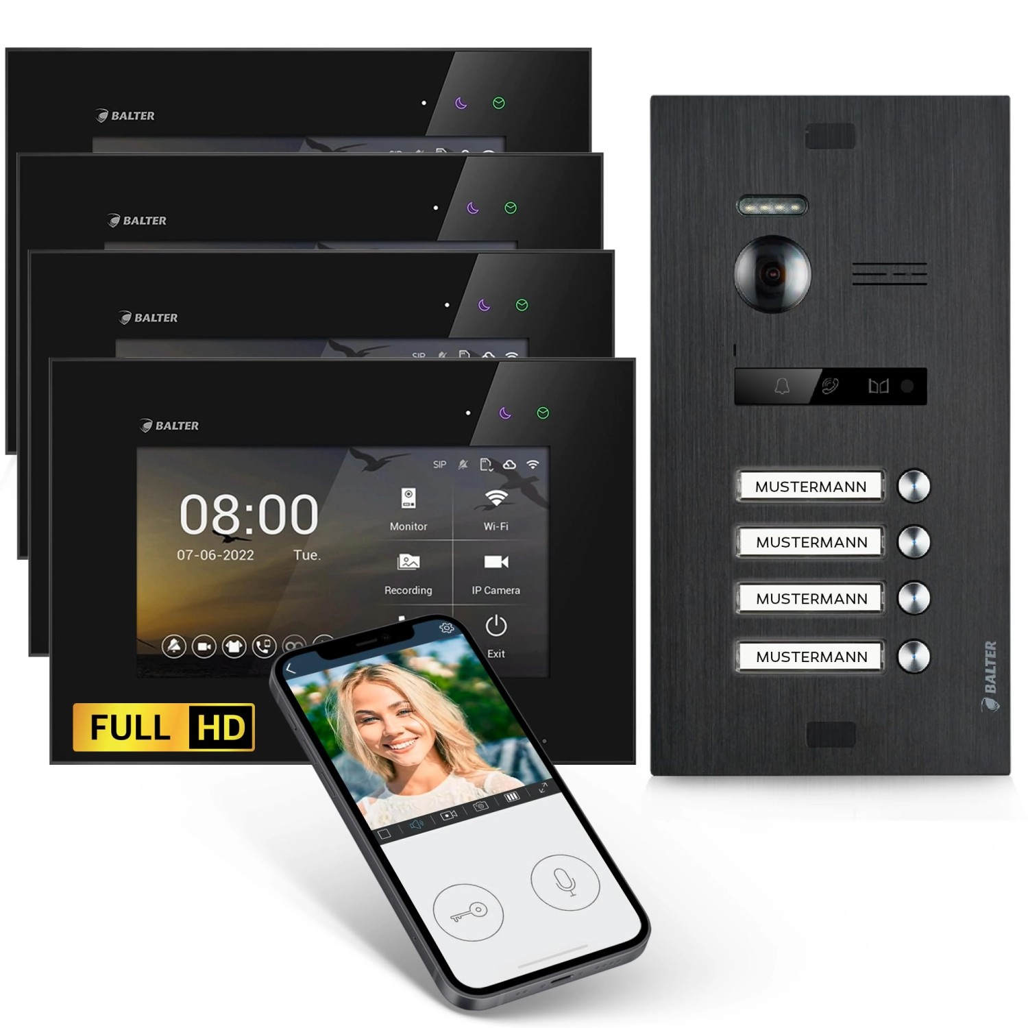 Balter EVO-HD Video-Türsprechanlage mit App für Vierfamilienhaus mit 4x 7 Zoll Monitor Schwarz
