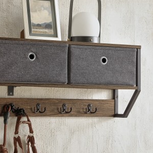 SoBuy Wandgarderobe FHK26-N mit 3 Körben, 7 Haken, Vintagebraun. Praktische Garderobenleiste für Flur, Bad oder Küche.