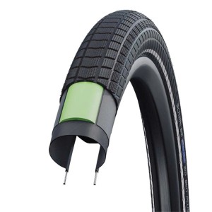Schwalbe Big Ben Plus Fahrradreifen, schwarz, im Querschnitt mit grünem Pannenschutz und robustem Profil.
