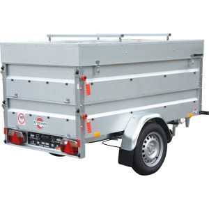 Stema Anhänger Basic 850 mit Bordwandaufsatz und Deckel, Heckansicht.