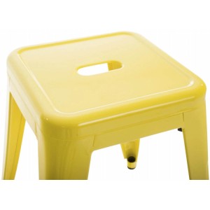 Gelber Metallhocker Armin mit quadratischer Sitzfläche und Griffloch. Stapelbarer Hocker.
