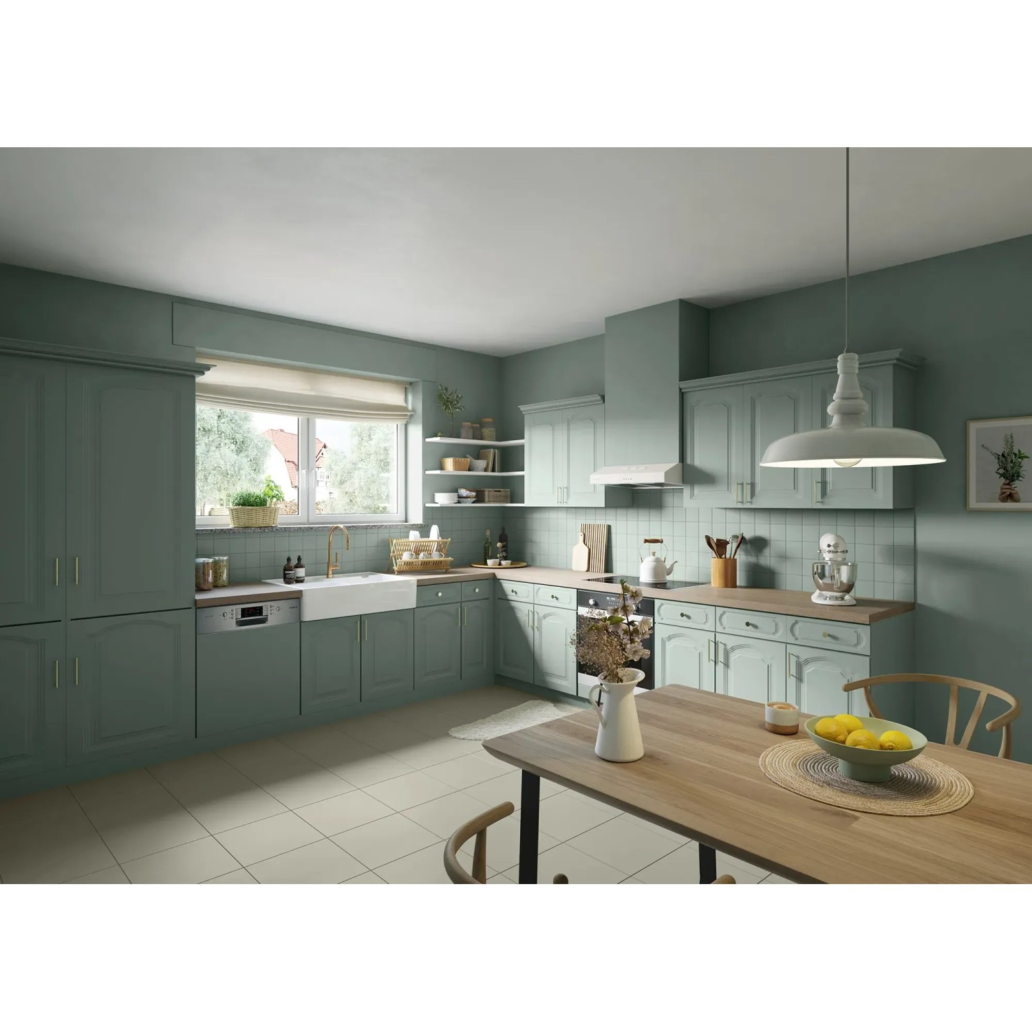 Küchenansicht mit Wandfarbe in Salbei. Alpina Bad & Küche Farbe für feuchtraumgeeignete, bunte Wände.