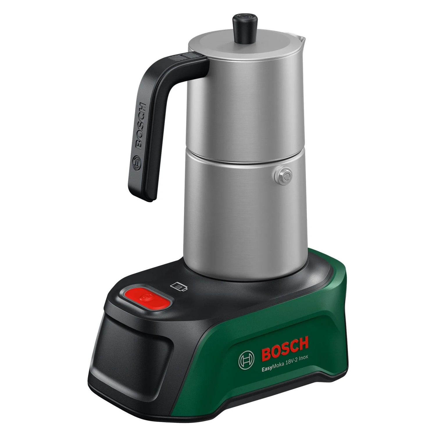Bosch Akku-Espressokocher EasyMoka 18V-2 Inox. Edelstahl-Mokkakocher auf grün-schwarzer Akkubasis.