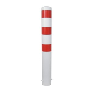 Weiß-roter Absperrpoller (Ø 152 mm, 1500 mm) zum Einbetonieren. Baugerät für Verkehrsabsperrung.