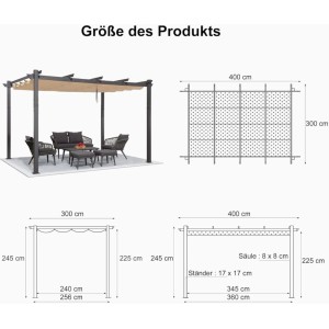 Purple Leaf Aluminium Pavillon 300x400x245 cm mit beigem Schiebedach und detaillierten Maßangaben.