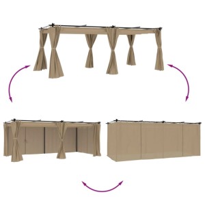 Furnicato Pavillon 6x3 m mit Vorhängen in Taupe, verschiedene Ansichten.