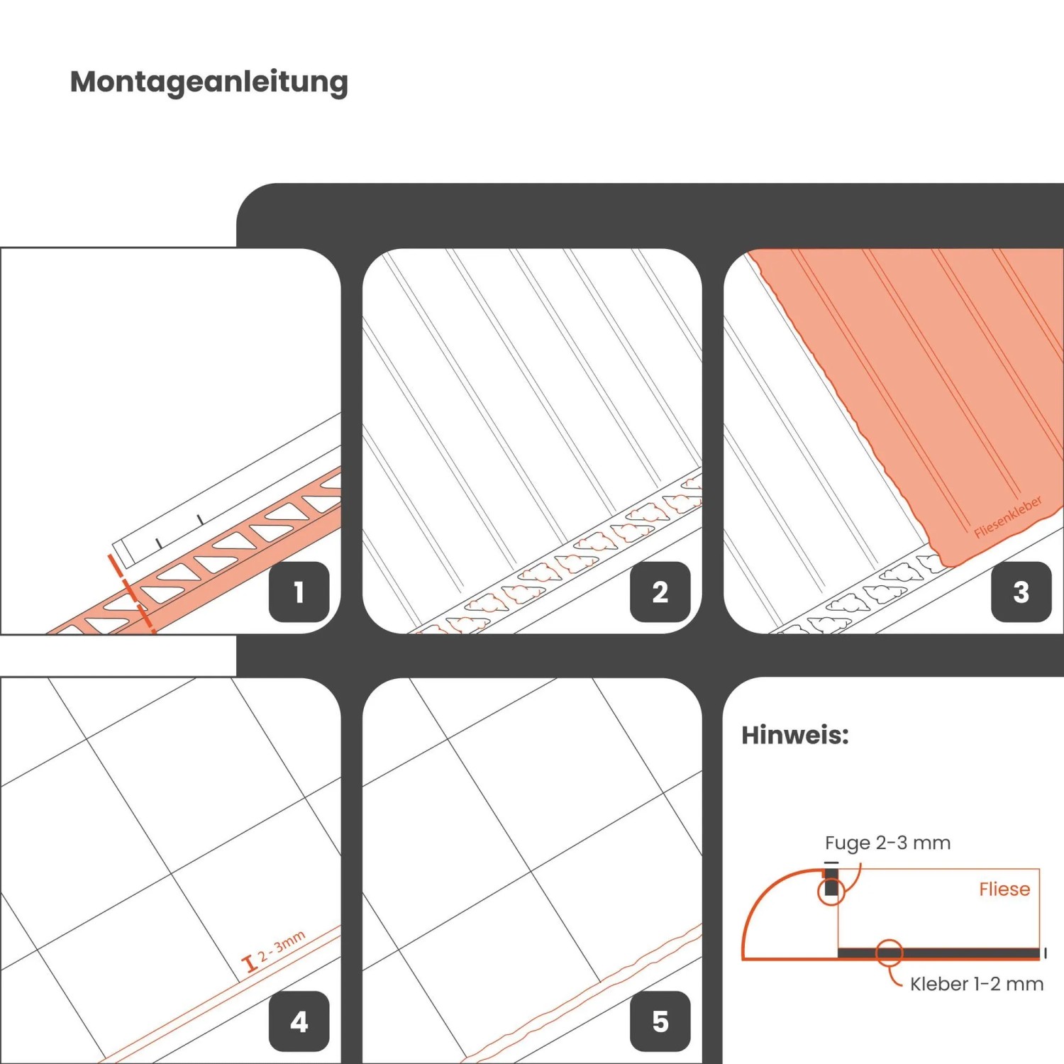 Montageanleitung für Dalsys Fliesenschiene Edelstahl Poliert, Eckprofil Quadrat, 2,5m x 125mm.