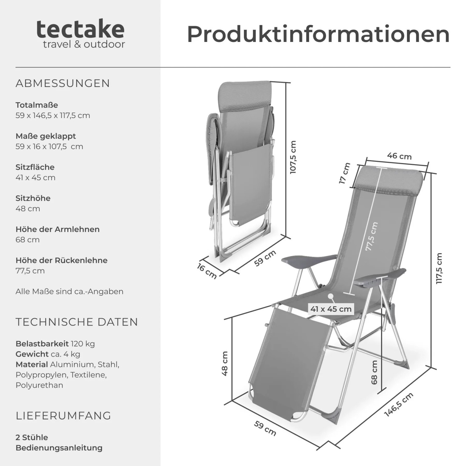 Graue Tectake Aluminium Gartenstühle im 2er Set, klappbar, mit verstellbarer Rückenlehne und Fußteil. Technische Maße.