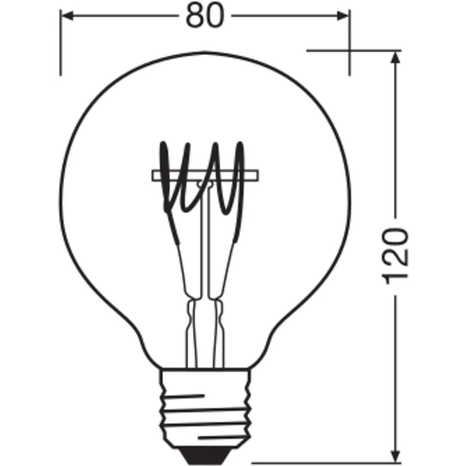 Skizze: Osram LED-Leuchtmittel E27 Globe, 4,8W, Maße 12x8cm (H x Ø), Vintage-Design.