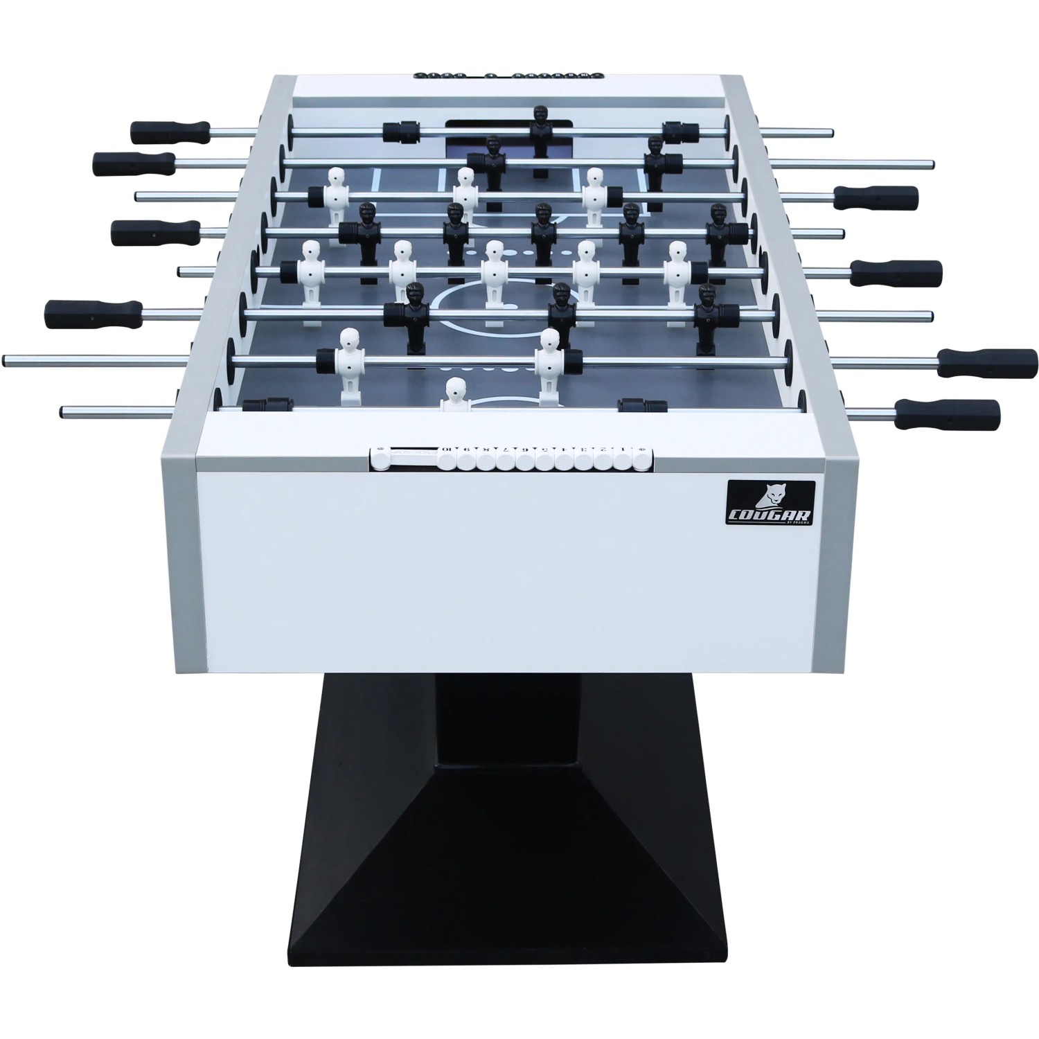 Cougar Worldcup Premium Pro Fußballtisch mit schwarz-weißen Figuren und Zählwerk.