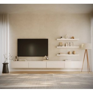 Weißes Selsey TV-Hängeboard Bemmi 300 cm, minimalistisch und schwebend, mit TV und Deko im Wohnzimmer.