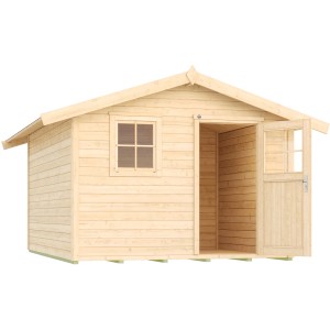 Naturbelassenes Holz-Gartenhaus 123 Gr.5 mit Satteldach, Fenster und offener Tür.