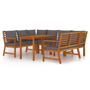 7-tlg. Garten-Essgruppe aus Akazienholz mit grauen Kissen. Gartenmöbel-Set mit Tisch, Bänken und Ecksofa.