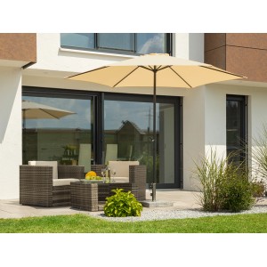 Schneider Marktschirm Bergamo, naturfarben, mit Kurbel, auf Terrasse mit Gartenmöbeln.