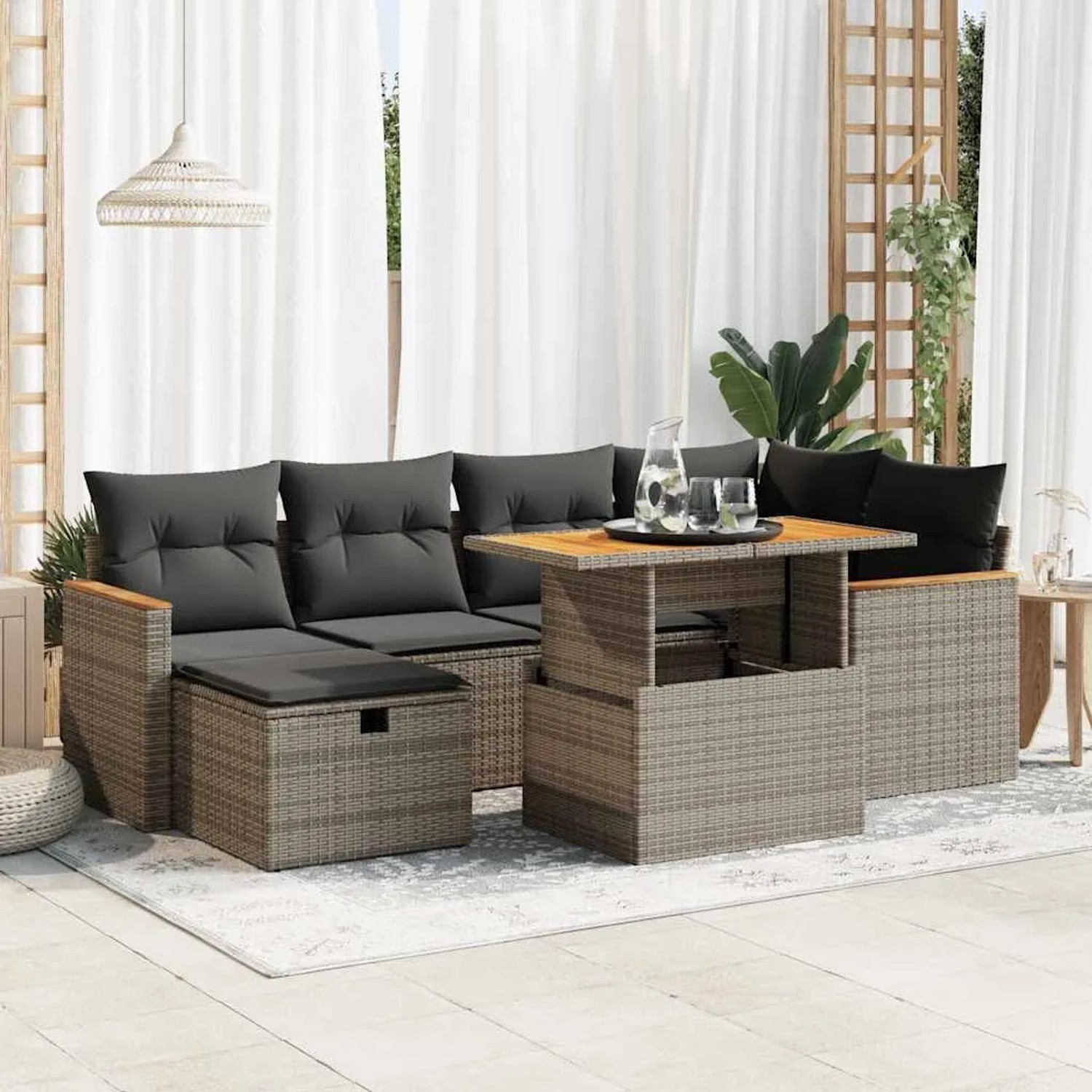 Graue 8-tlg. vidaXL Garten-Sofagarnitur aus Polyrattan mit Tisch, Kissen und Stauraum.