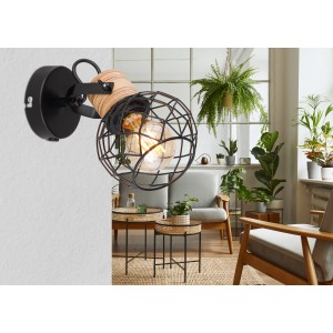 Schwarzer Globo Strahler Lacky mit Holzdetails, 1-flammig, für E27 Leuchtmittel.