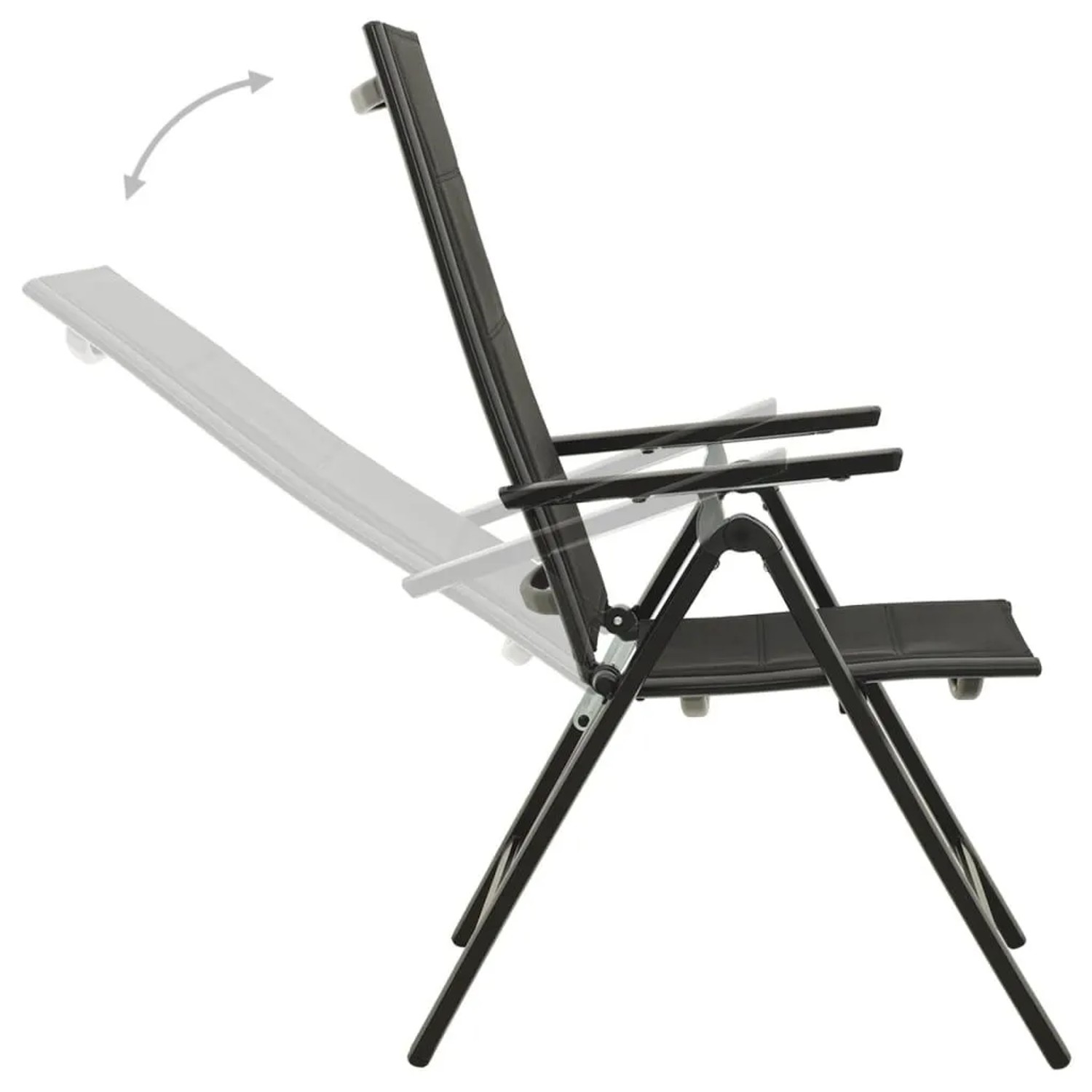 Schwarzer klappbarer Gartenstuhl aus Aluminium mit verstellbarer Textil-Rückenlehne, 7 Positionen.