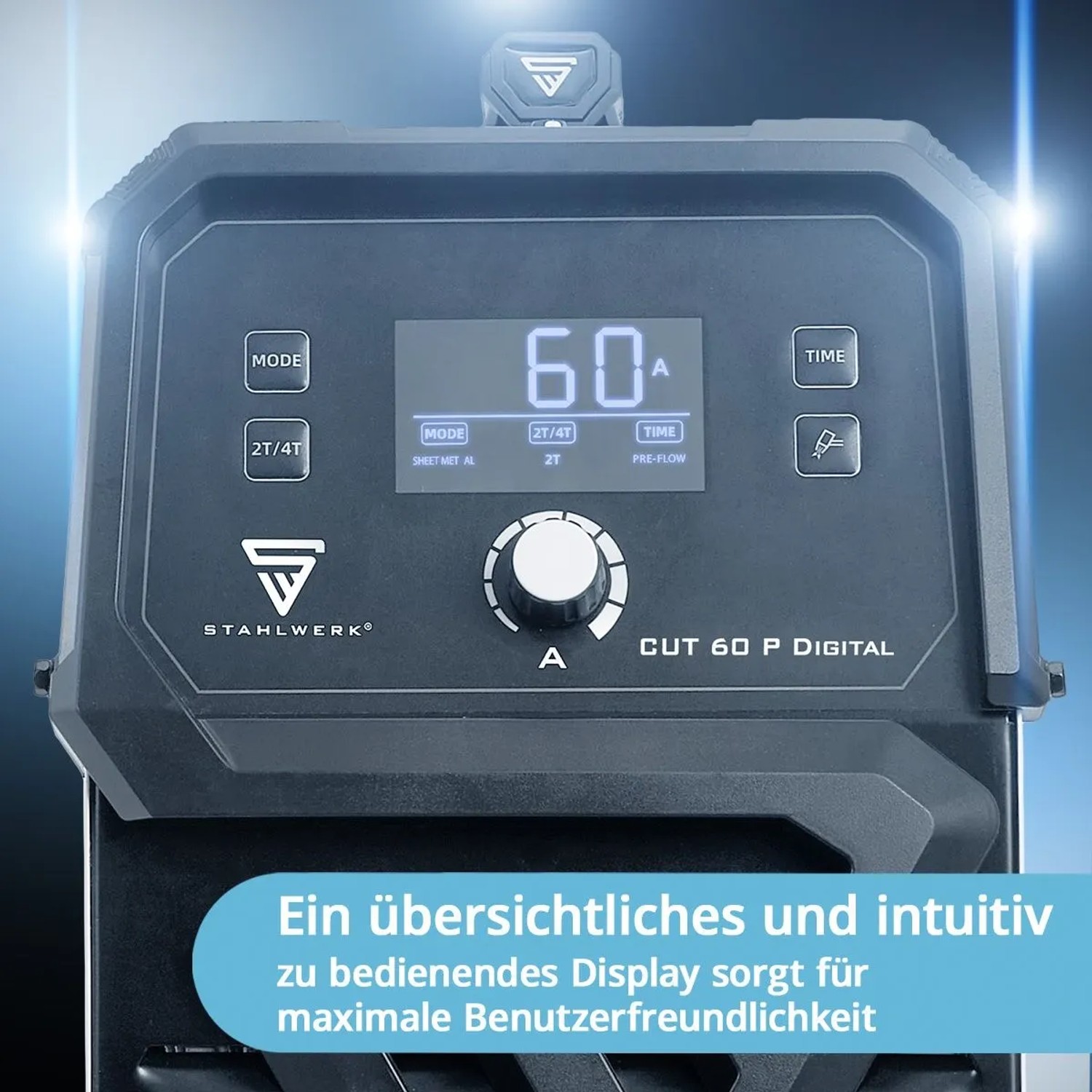 STAHLWERK Plasmaschneider CUT 60 P Digital: Detailaufnahme des Bedienfelds mit Display und Einstellknopf.