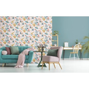 Wohnraum mit Marburg Vliestapete Floral Natur Weiß-Blau, floralem Muster und passenden Möbeln.