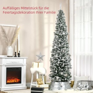 Schlanker, schneebedeckter Furnicato Weihnachtsbaum, 225 cm, mit silbernen Kugeln im Wohnzimmer.