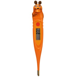 Digitales Fieberthermometer im Maus-Design, orange, mit Display und Goldspitze.