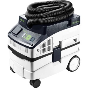 Festool CT 15 Nass- und Trockensauger, weiß-dunkelblau, mit aufgerolltem Saugschlauch. Kompaktes Absauggerät für Werkstatt.