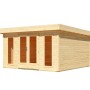 Naturbelassenes Karibu Gartenhaus Adelie aus Holz mit Pultdach und Doppeltür.