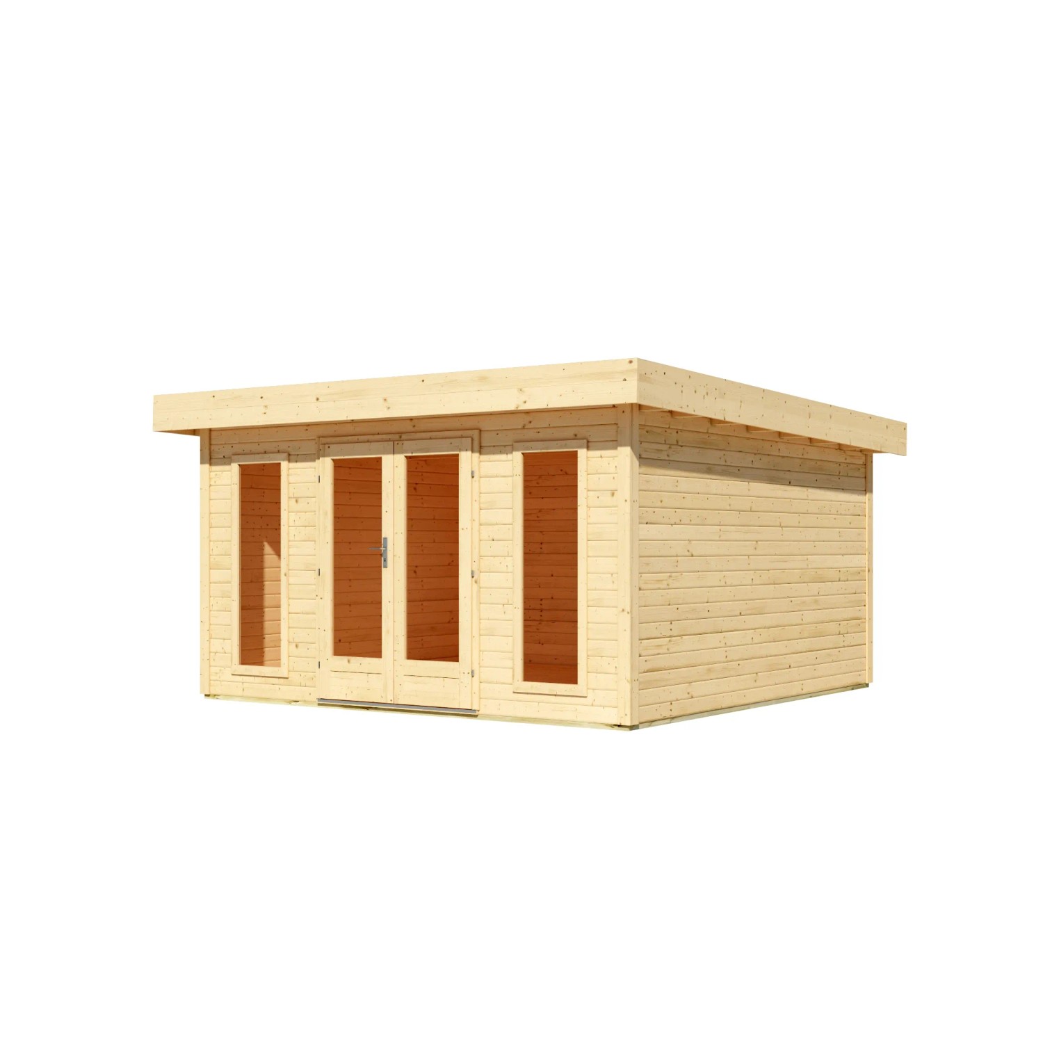 Naturbelassenes Karibu Gartenhaus Adelie aus Holz mit Pultdach und Doppeltür.