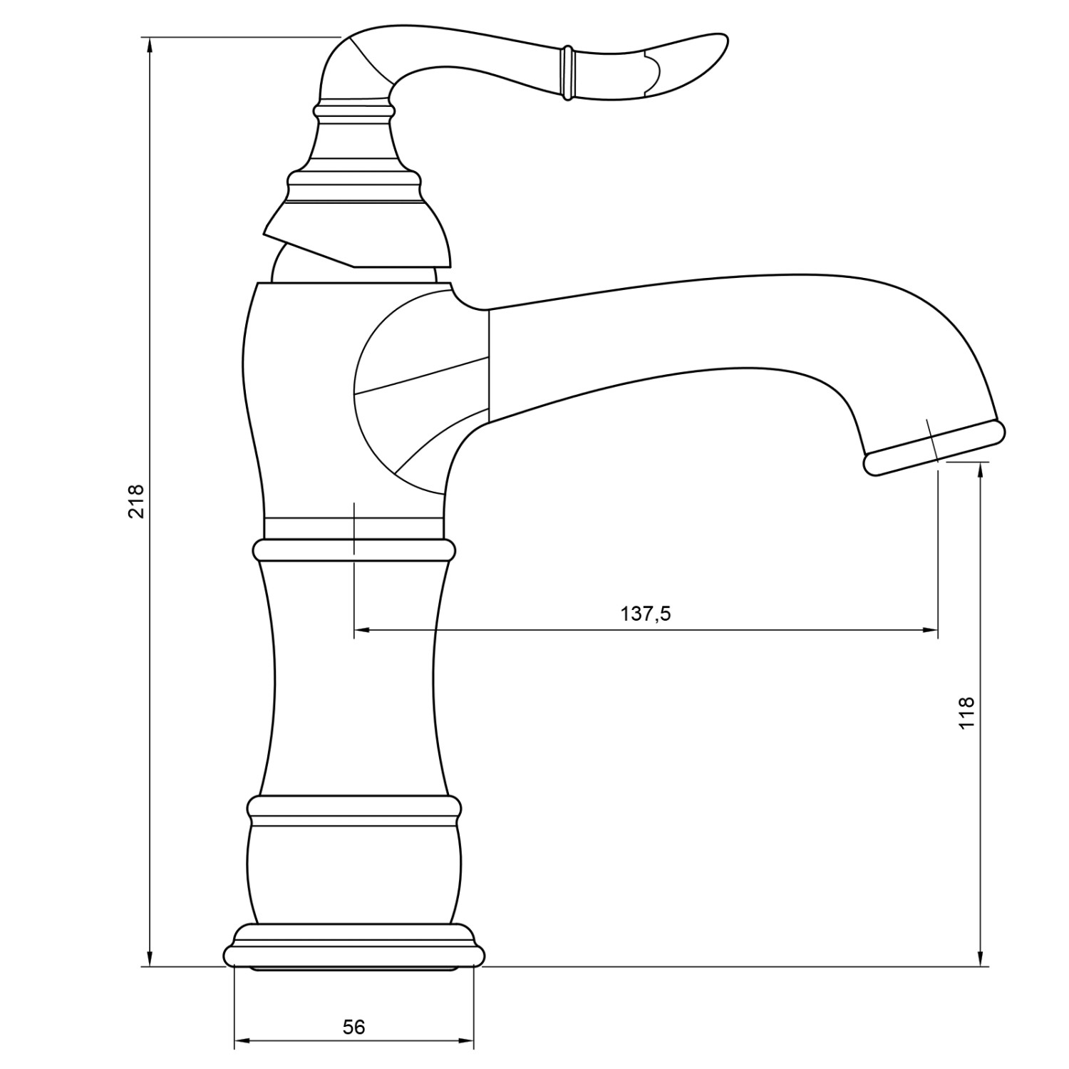Technische Zeichnung: Goldener PaulGurkes Wasserhahn im Nostalgie-Design mit Maßen.