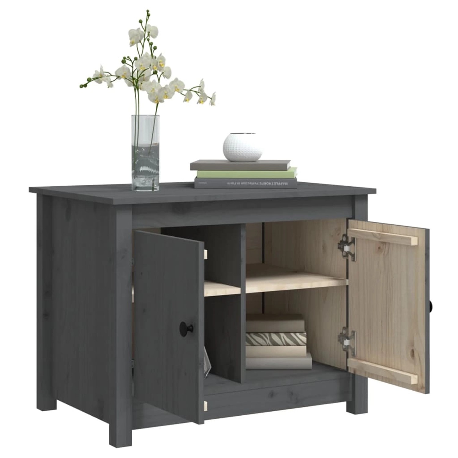 Grauer vidaXL Couchtisch aus Kiefernholz mit offenen Fächern und zwei Türen.