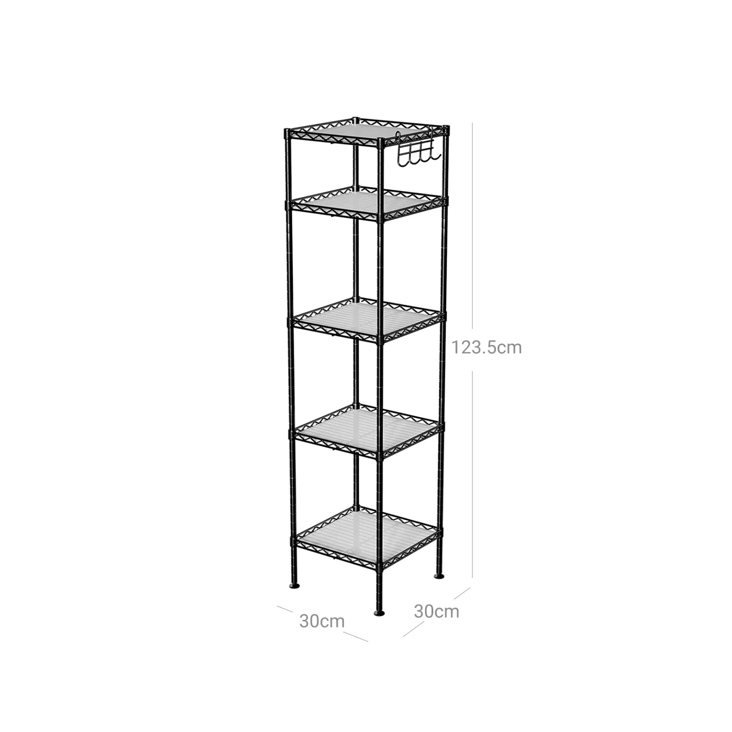 Schwarzes Songmics Standregal mit 5 transparenten Ablagen, 30x30x123,5 cm.
