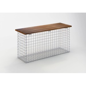 Gabiona Gabionenbank, 105 cm, mit Cumaru-Holzauflage. Drahtgitterstruktur, modern.