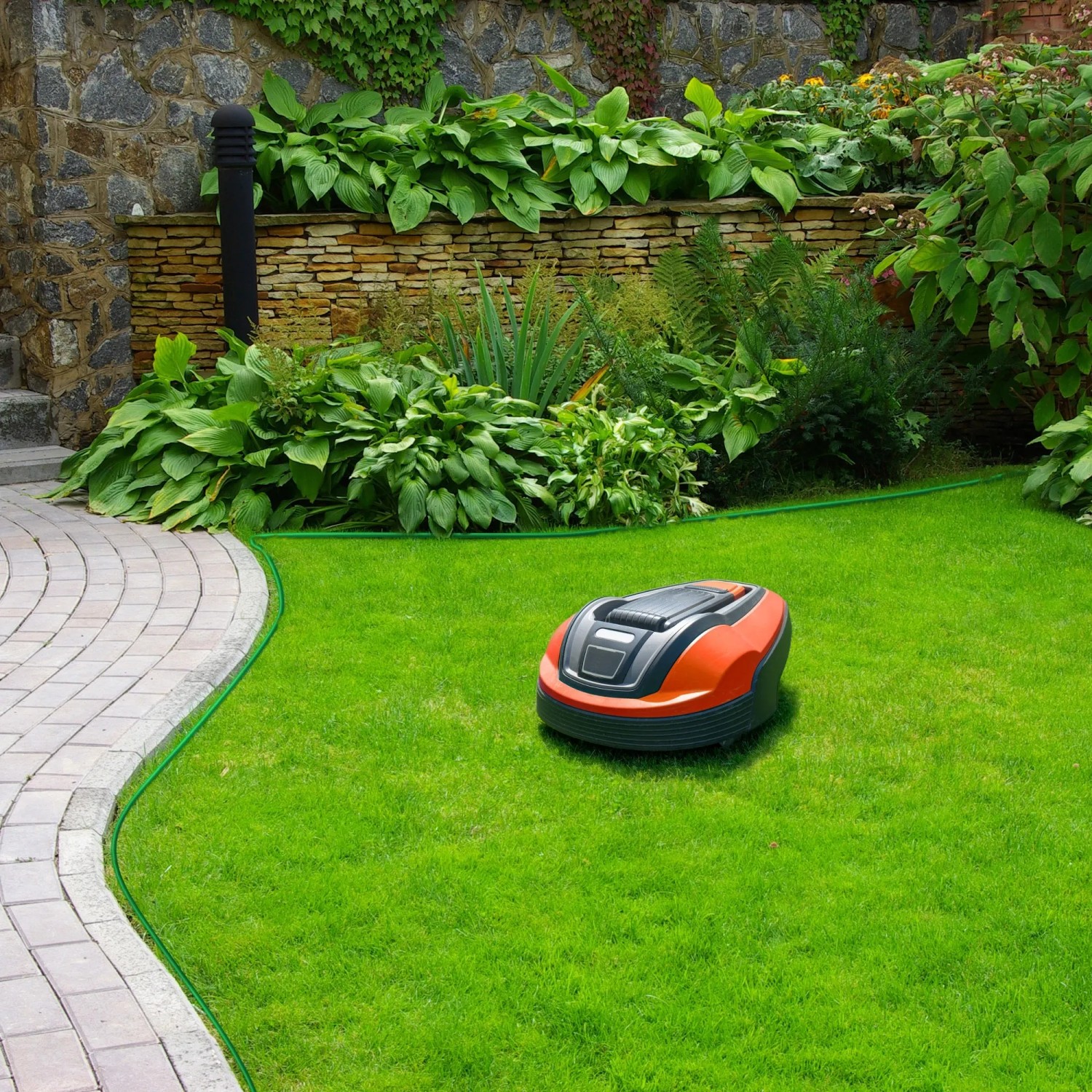 Mähroboter auf Rasen mit ECD Germany Begrenzungskabel (50m) zur Abgrenzung des Mähbereichs.