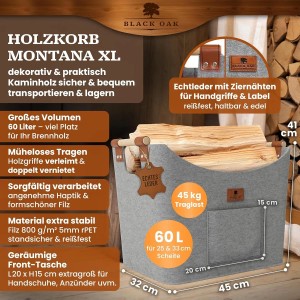 BLACK OAK Holzkorb MONTANA XL 60L Hellgrau – Filzkorb für Kaminholz & Brennholz mit Robusten Holzgriffen mit Echtleder-Applikation und Fronttasche
