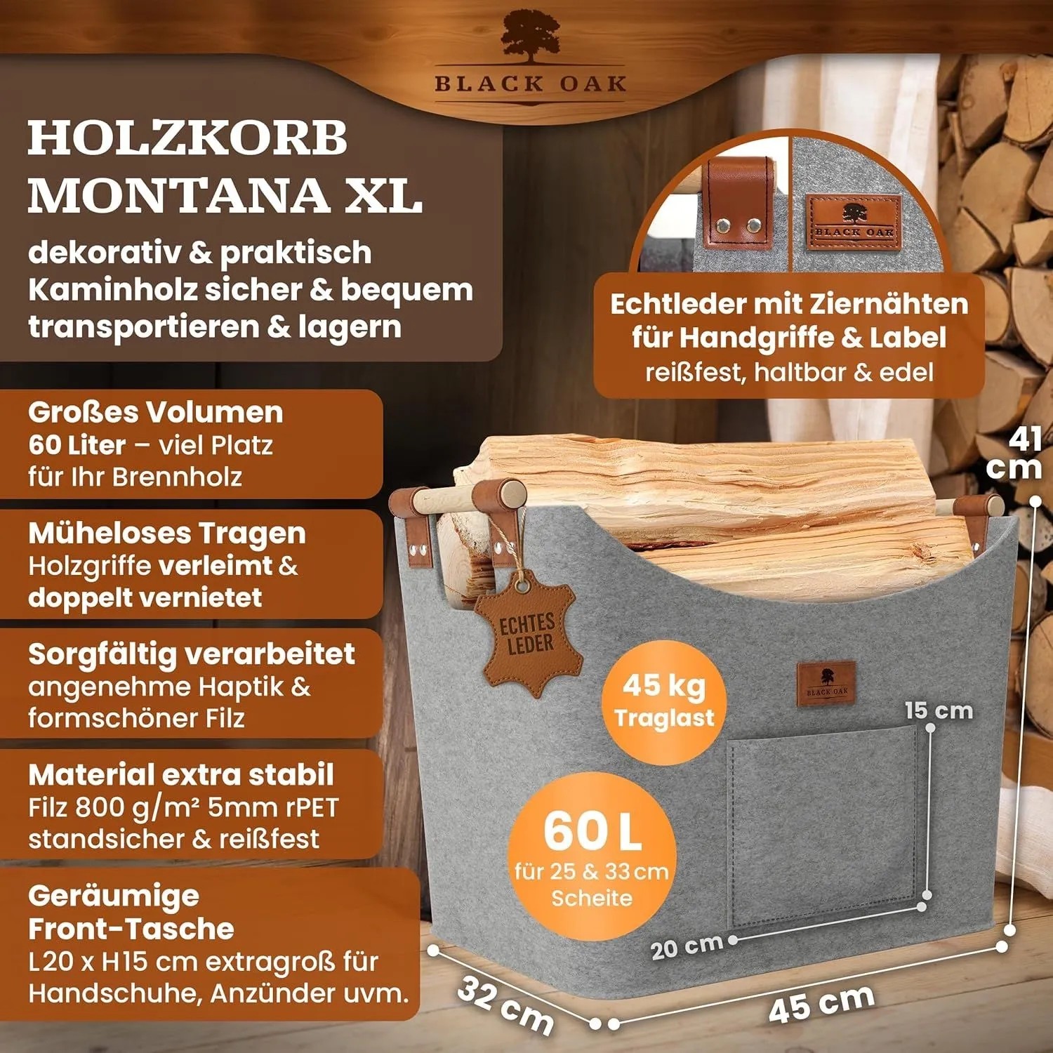 BLACK OAK Holzkorb MONTANA XL 60L Hellgrau – Filzkorb für Kaminholz & Brennholz mit Robusten Holzgriffen mit Echtleder-Applikation und Fronttasche_2