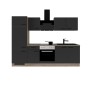 Flex-Well Küchenzeile Capri 270 cm, schwarz matt, Endgrain Oak Dekor mit E-Geräten.