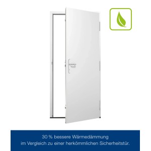 Geöffnete, weiße Hörmann Sicherheitstür KSI Thermo46 mit Griff und Rahmen. Wärmedämmung.