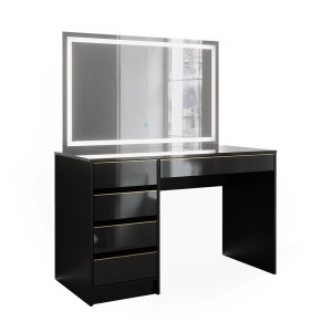 Schwarzer Vicco Schminktisch Sherry mit LED-Spiegel und goldenen Akzenten, 120 cm breit.