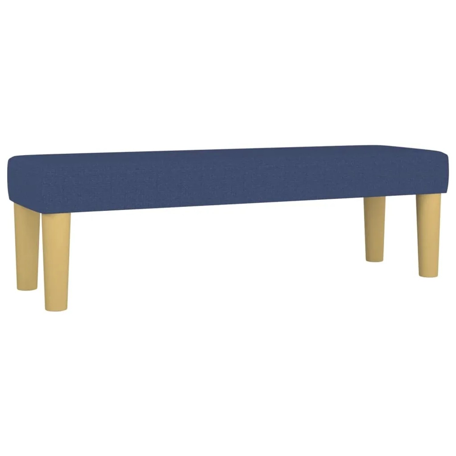 Blaue vidaXL Bettbank aus Stoff mit hellen Holzfüßen.