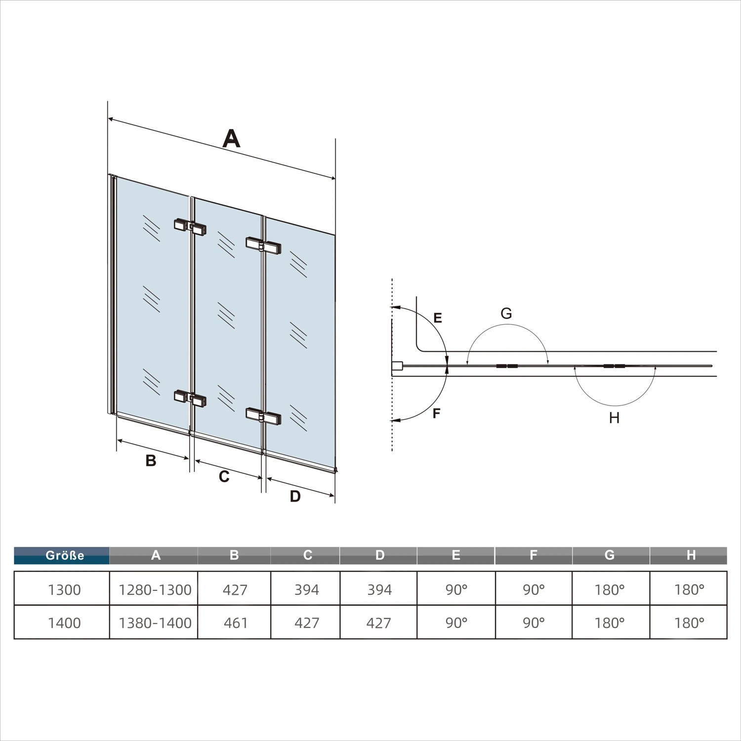 Technische Zeichnung: AICA Badewanneaufsatz 130x140cm, 3-teilige Faltwand Duschabtrennung mit Maßen.