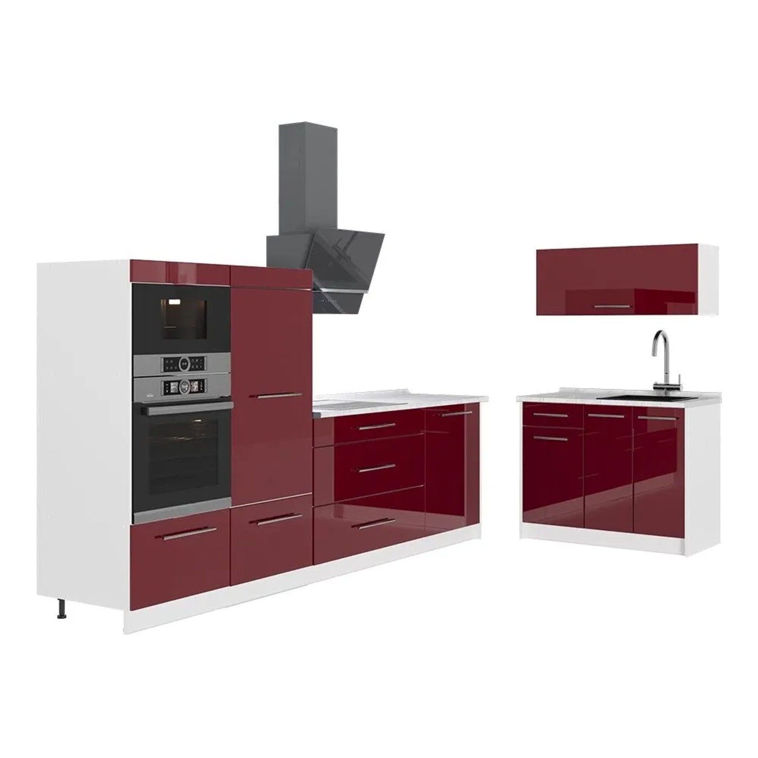 Vicco Küchenzeile Fame-Line Bordeaux Hochglanz/Weiß 380 x 154 AP Marmor Art Nr 64138