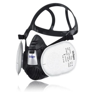 Dräger X-plore 3500 Atemschutzmaske mit zwei weißen P3 Partikelfiltern. Ideal für Handwerker und Staubschutz.