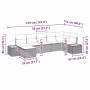 Graues 7-teiliges vidaXL Garten-Sofa-Set aus Poly Rattan mit Kissen, Maße eingezeichnet.