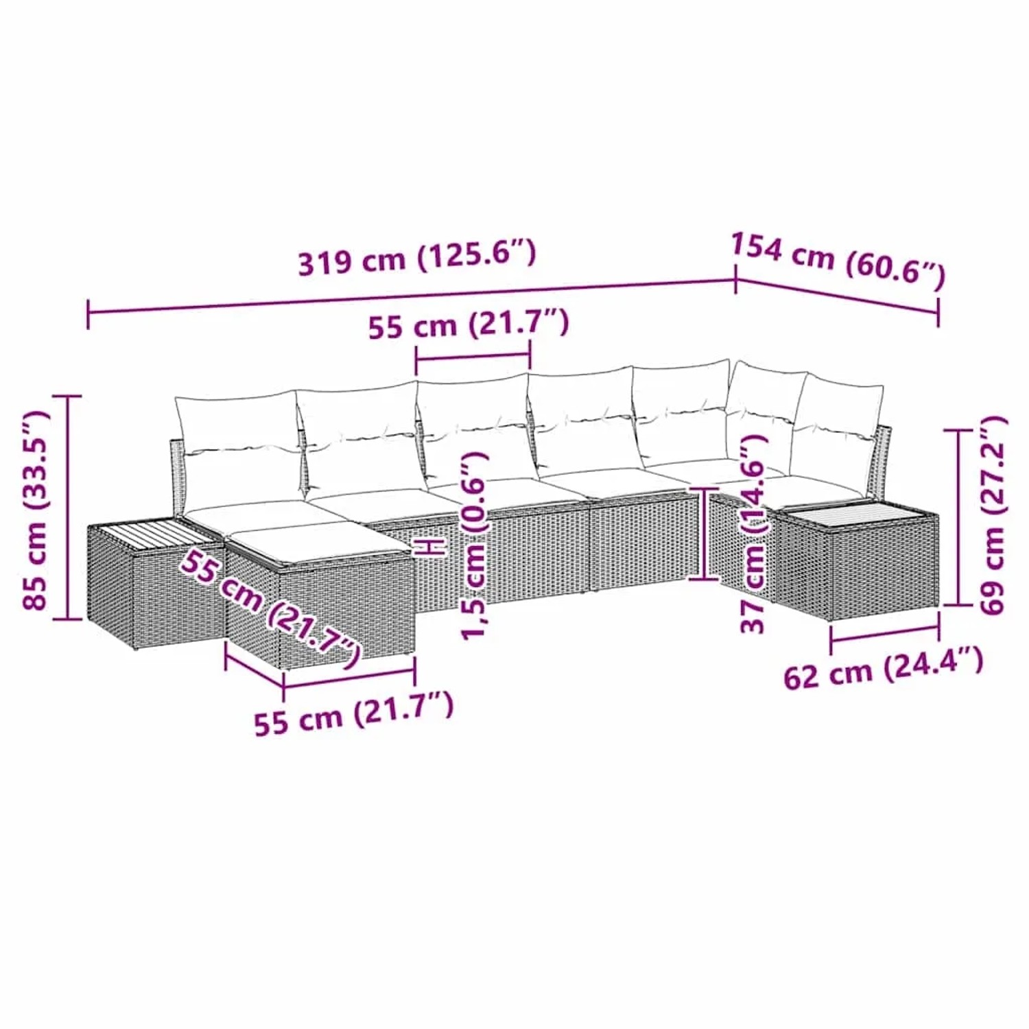 Graues 7-teiliges vidaXL Garten-Sofa-Set aus Poly Rattan mit Kissen, Maße eingezeichnet.