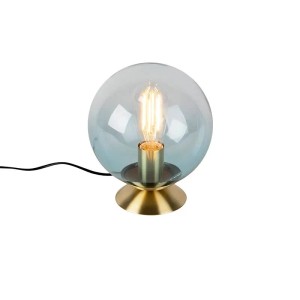 Art Deco Tischlampe Pallon: Messingfuß, blaue Glaskugel, warmes Licht. Elegante Innenleuchte für Wohnraum.