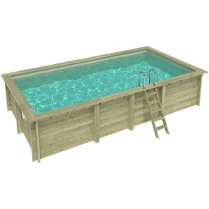 Rechteckiger Holzpool 7x3,75m mit hellblauem Wasser, Leiter und Holztreppe. Auf Rahmen, ohne Betonierung.