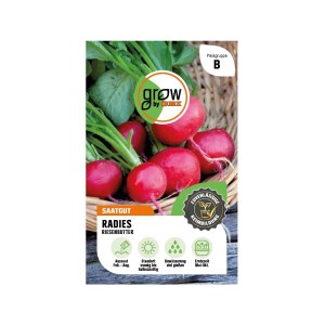 GROW by OBI Saatgut Radieschen Riesenbutter: Packung mit roten, runden Radieschen und grünen Blättern.