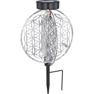 Silberne Globo LED Solar-Kugelleuchte mit Erdspieß und Lebensblumen-Muster.